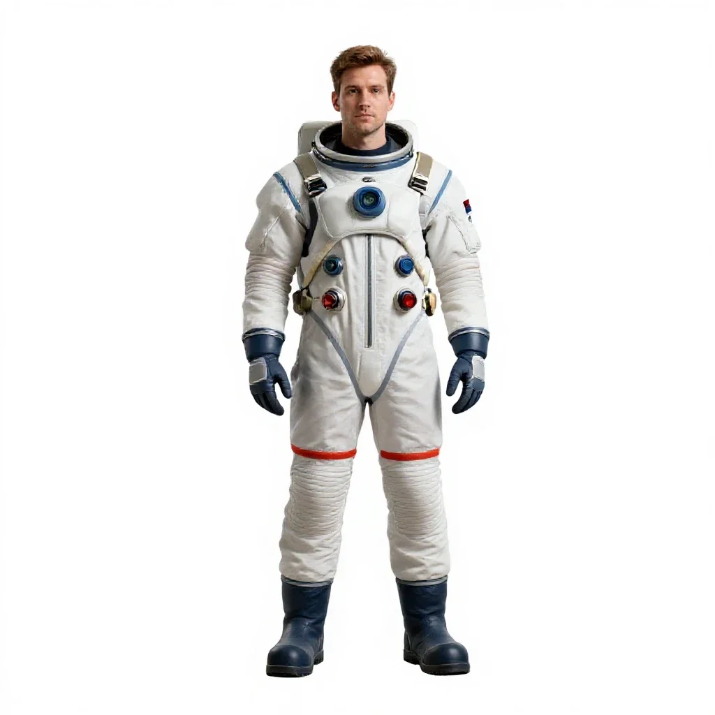 Orbital station engineer in a pressure suit isolated on a white background