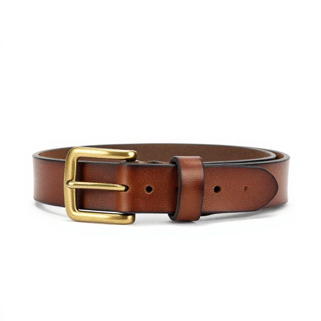 Leather belt with a brass buckle isolated on a white background