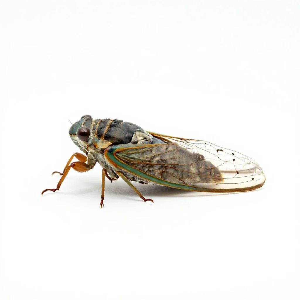 Cicada mid-song isolated on a white background
