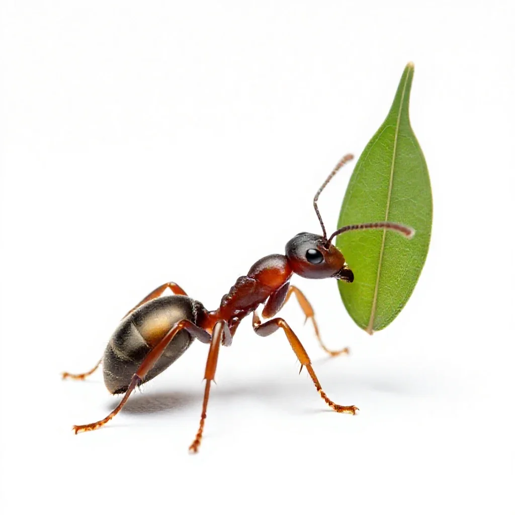 Leafcutter ant carrying a leaf isolated on a white background