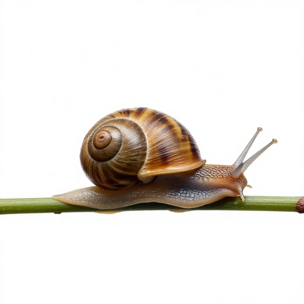 Snail on a wet stem isolated on a white background