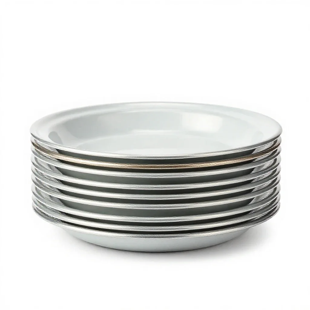 Stack of enamel camping plates isolated on a white background