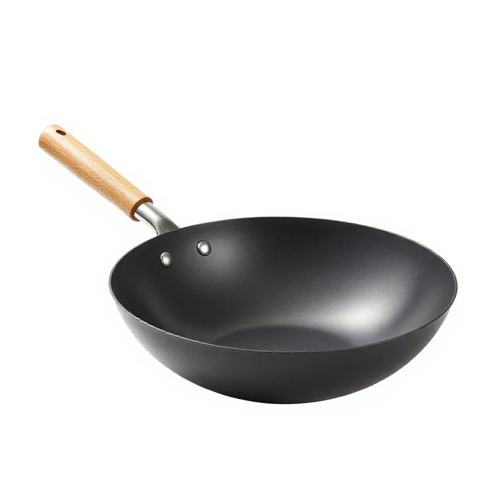 Wok with a wooden handle isolated on a white background