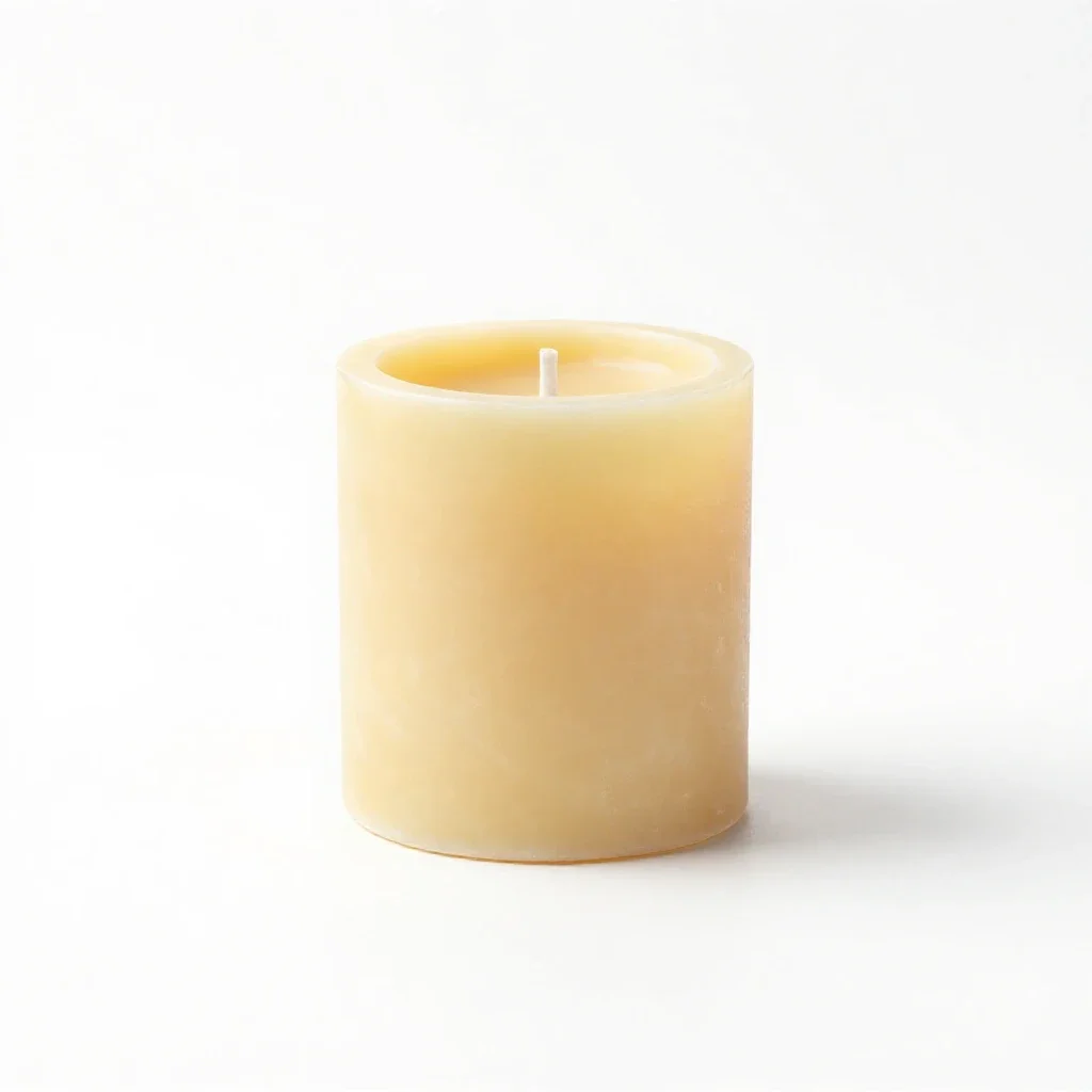 Beeswax pillar candle on a holder isolated on a white background