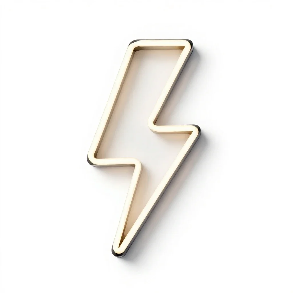 Neon sign shaped like a lightning bolt isolated on a white background