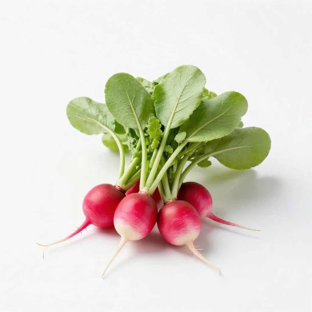 Bunch of radishes with tops isolated on a white background