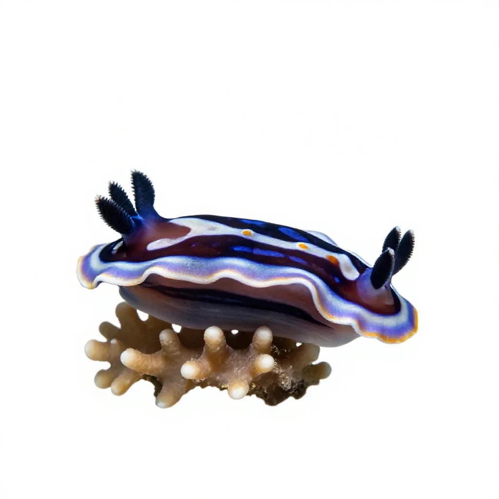 Nudibranch on coral isolated on a white background