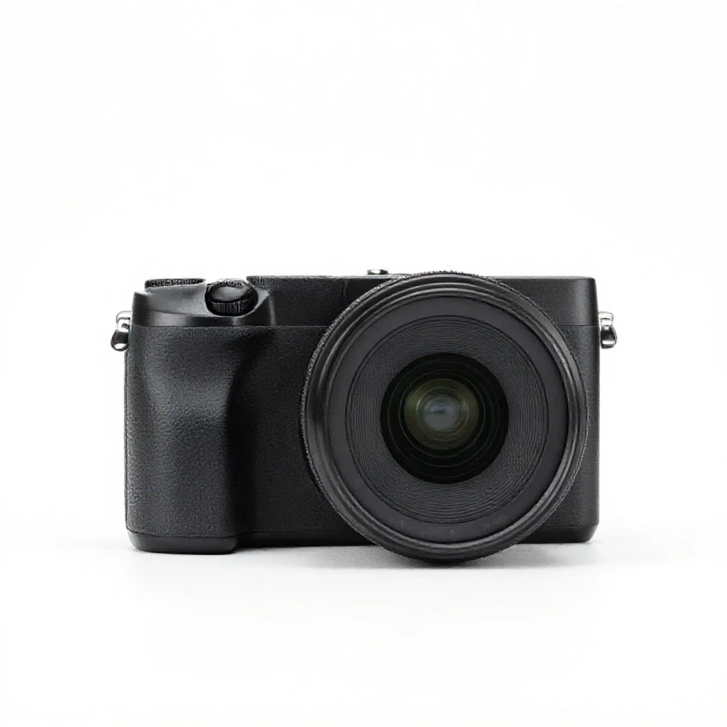 Mirrorless camera with a prime lens isolated on a white background