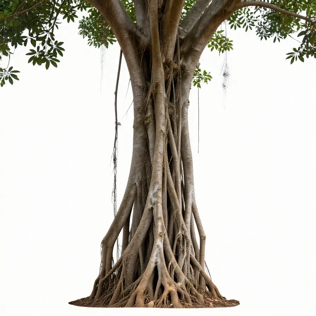 Banyan with aerial roots isolated on a white background
