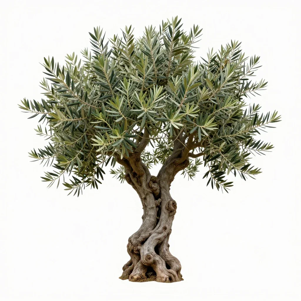Olive tree with a gnarled trunk isolated on a white background