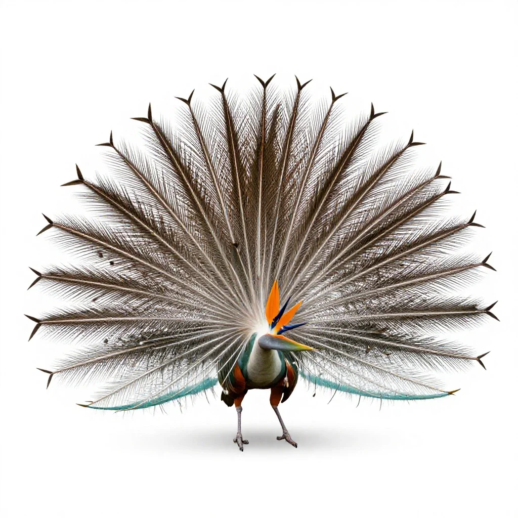 Bird of paradise displaying isolated on a white background