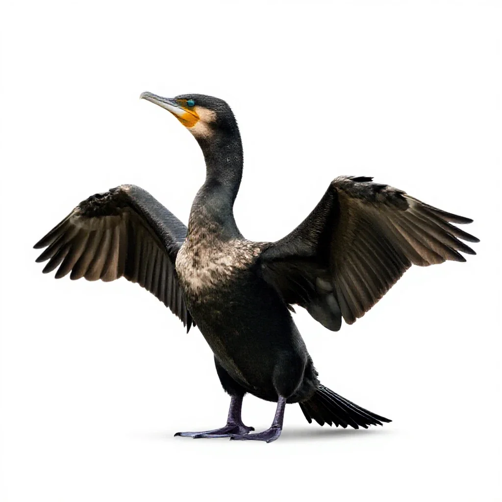 Cormorant drying its wings isolated on a white background