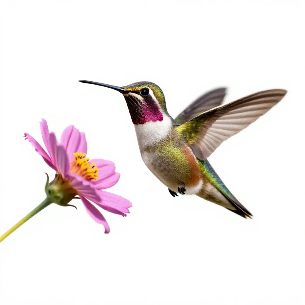 Hummingbird at a flower isolated on a white background