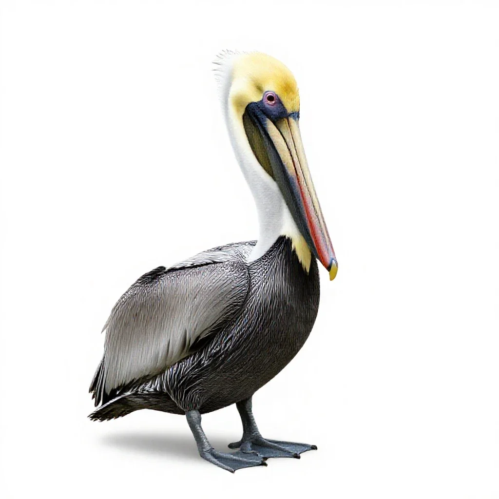 Pelican with its pouch full isolated on a white background