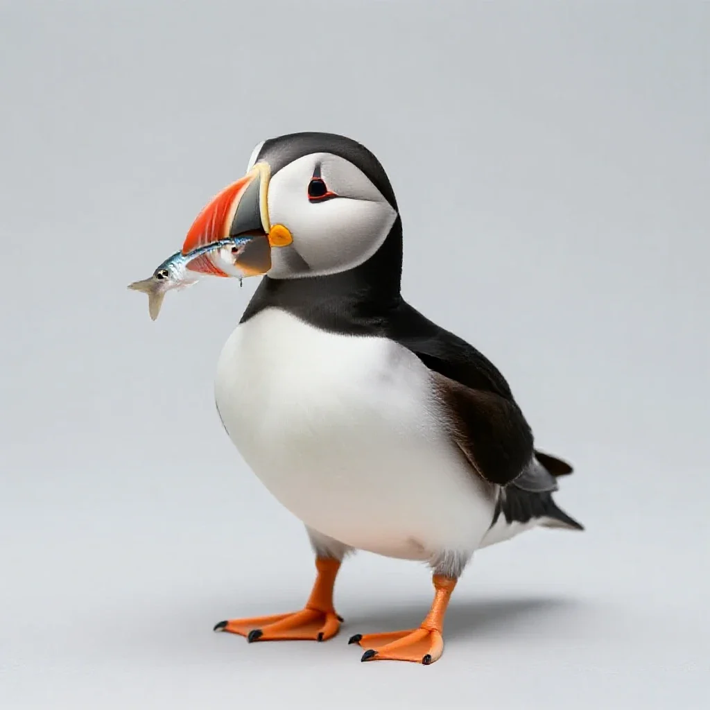 Puffin with a beakful of fish isolated on a white background