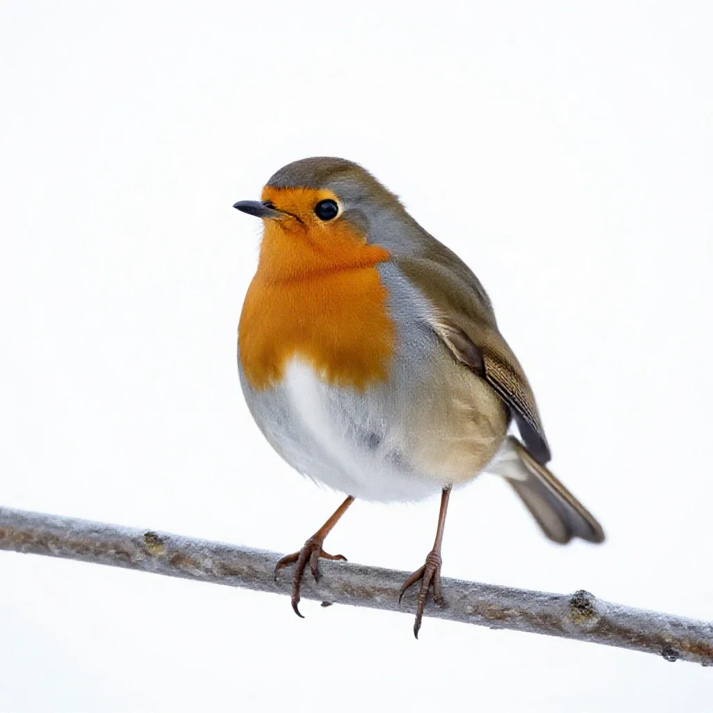 Robin on a frosted branch isolated on a white background