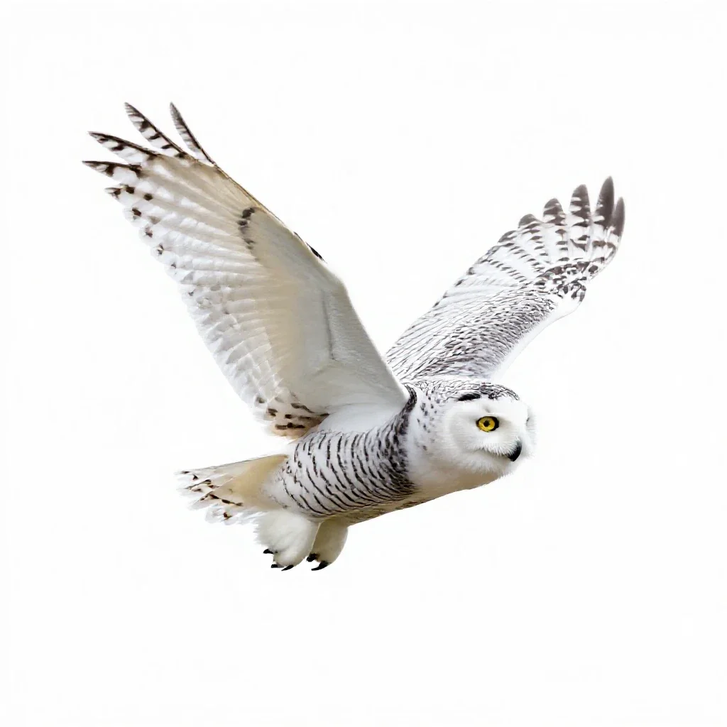 Snowy owl in flight isolated on a white background