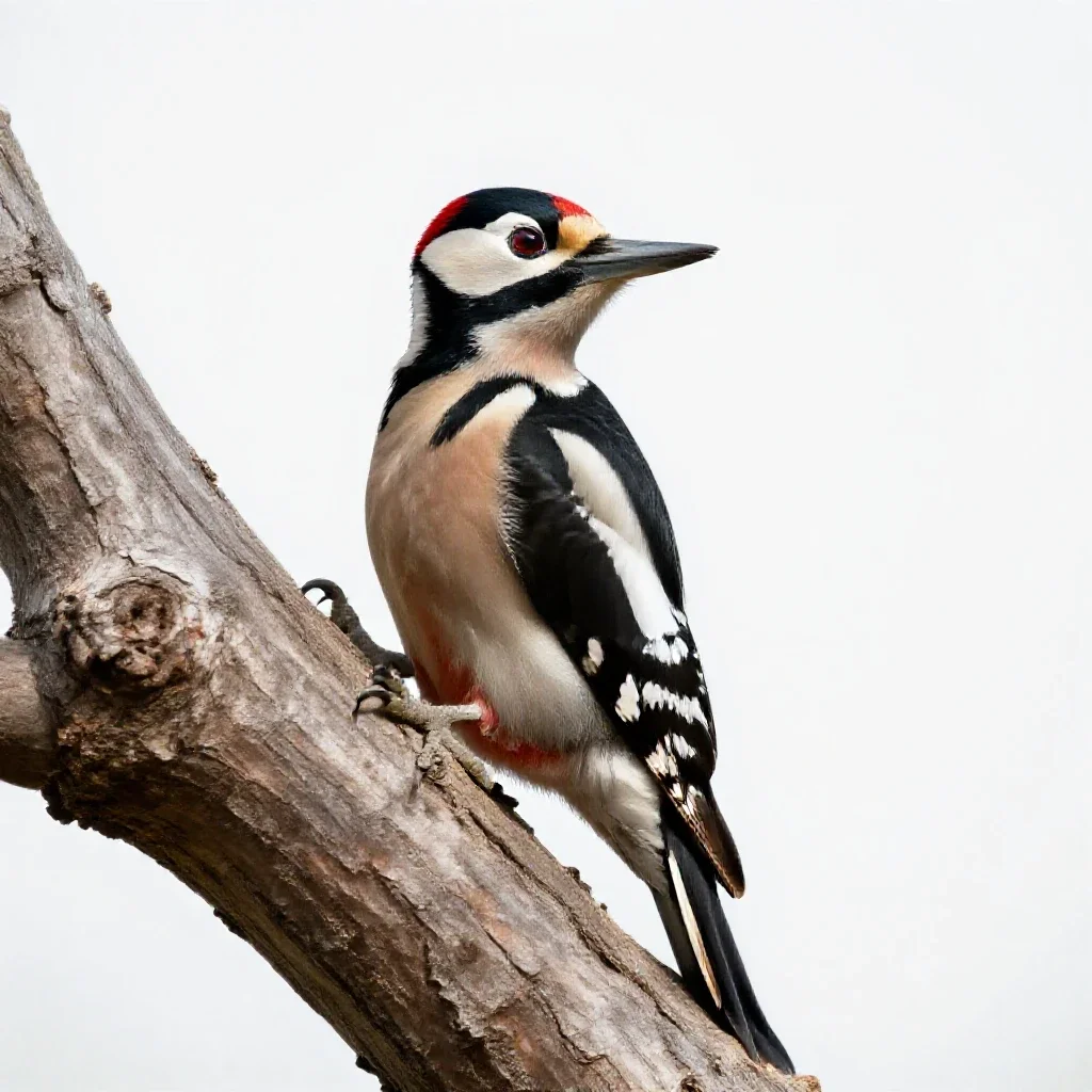 Woodpecker on bark isolated on a white background
