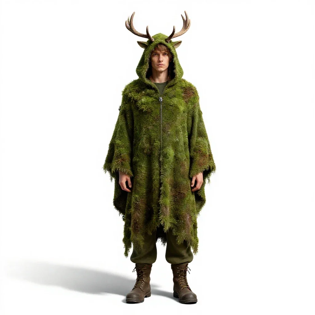 Druid cloaked in moss and antlers isolated on a white background