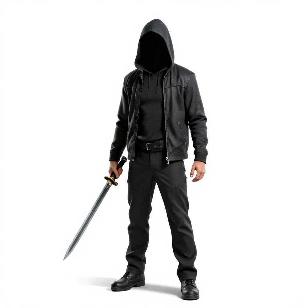 Hooded rogue with twin daggers isolated on a white background