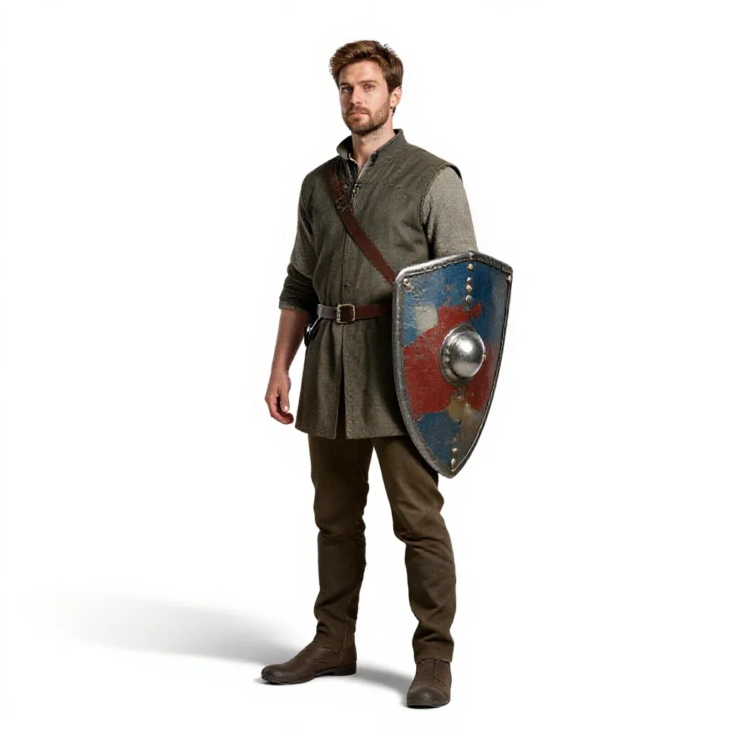 Knight errant with a battered shield isolated on a white background