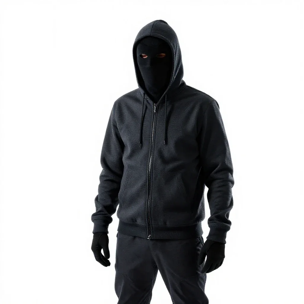 Masked assassin in dark cloth isolated on a white background