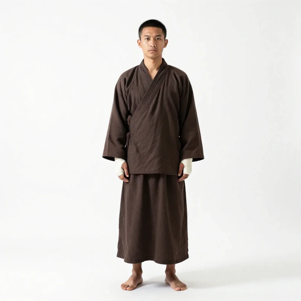 Monastic warrior with wrapped hands isolated on a white background
