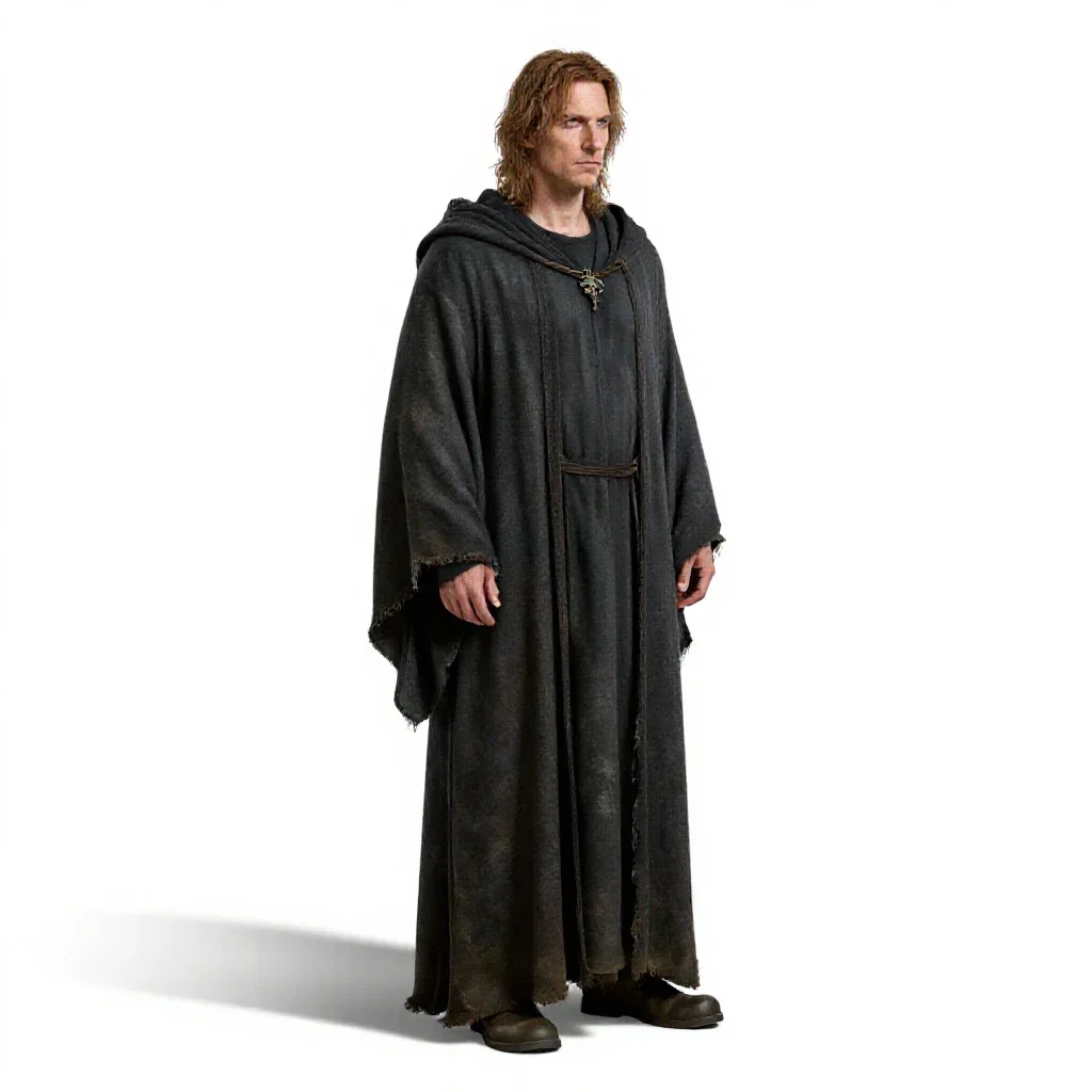 Necromancer in tattered robes isolated on a white background