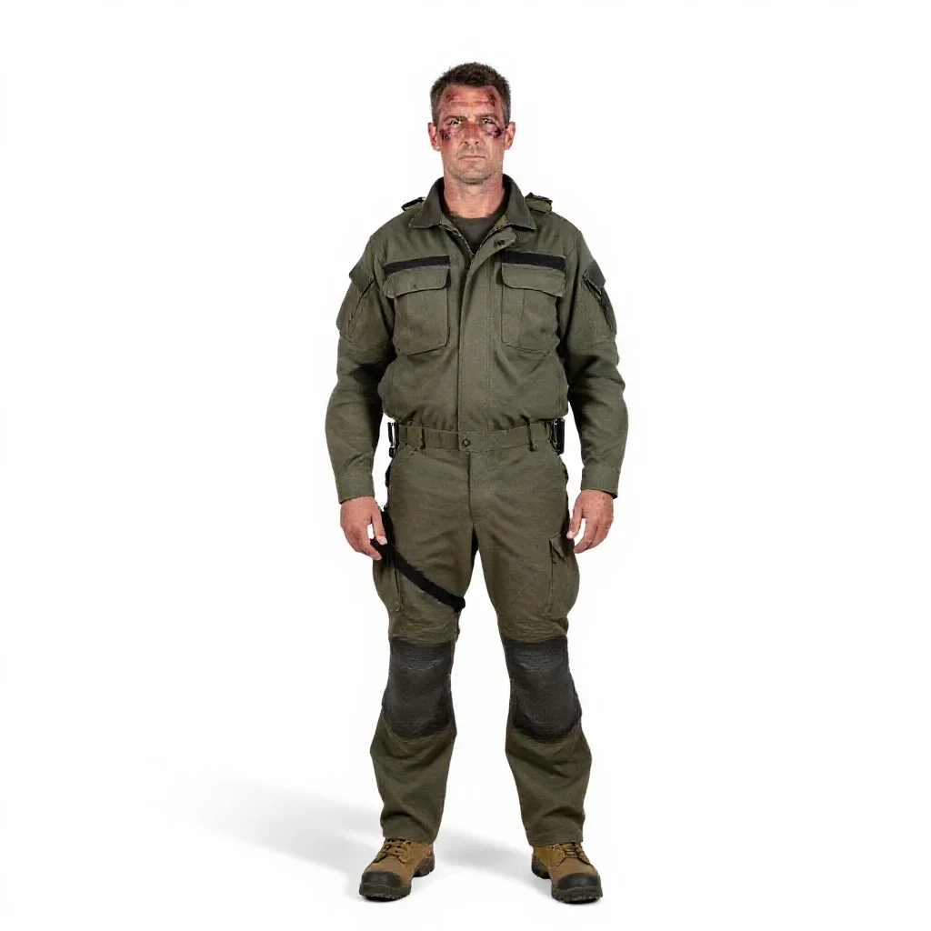 Veteran mercenary with a scarred face isolated on a white background