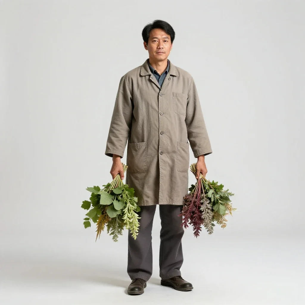 Village healer with herb bundles isolated on a white background