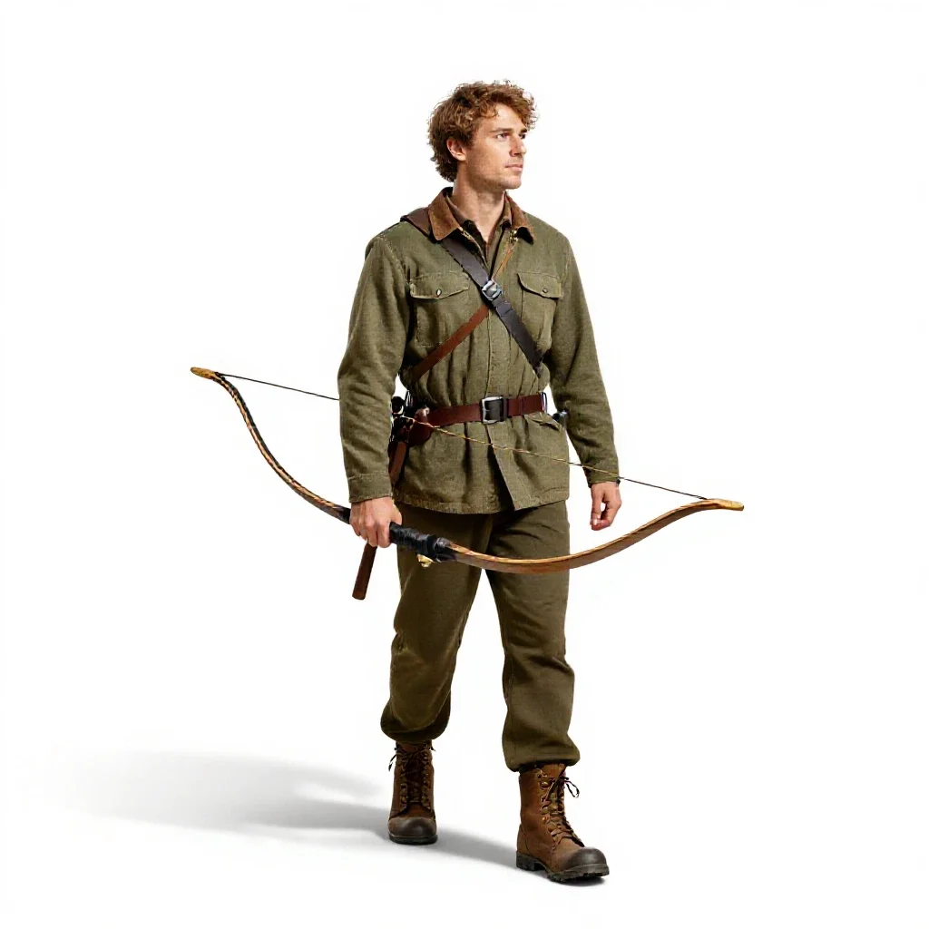 Wandering forest ranger with a longbow isolated on a white background