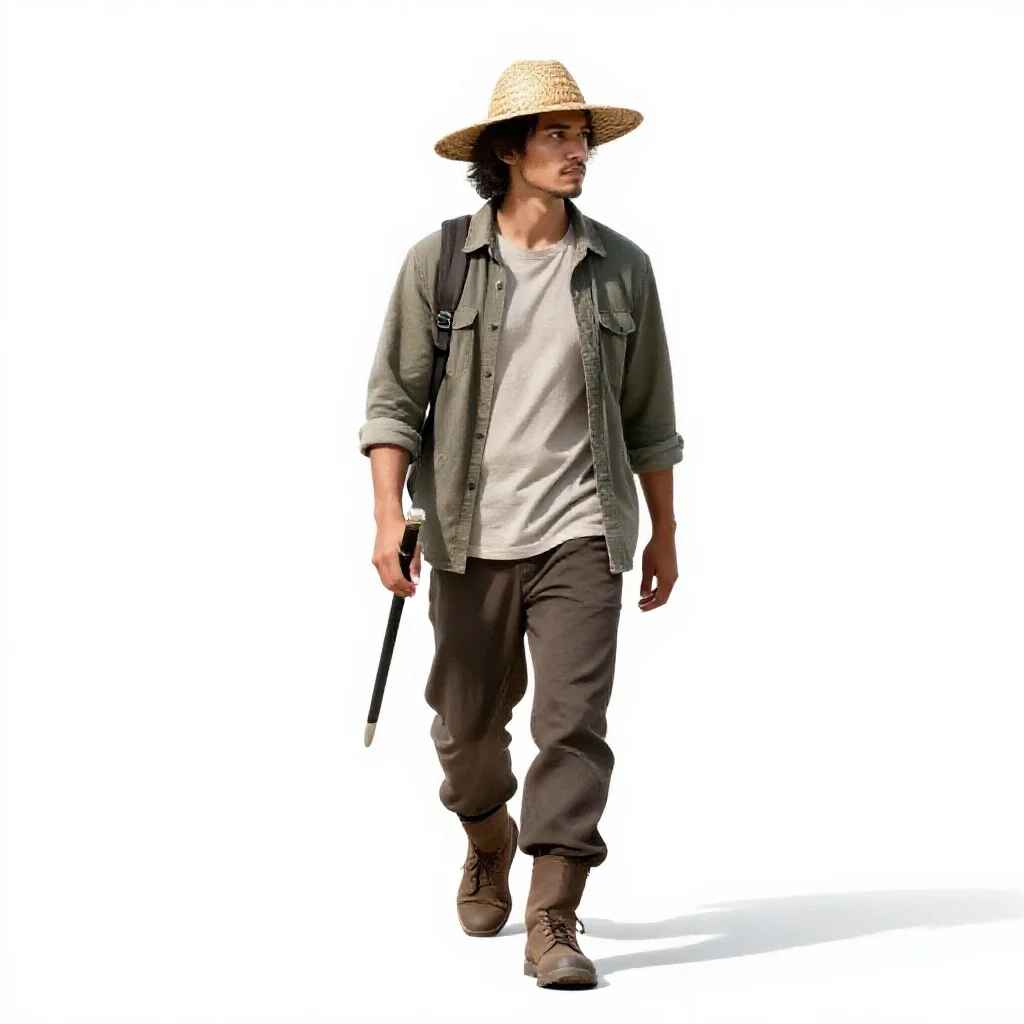 Wandering swordsman in a straw hat isolated on a white background