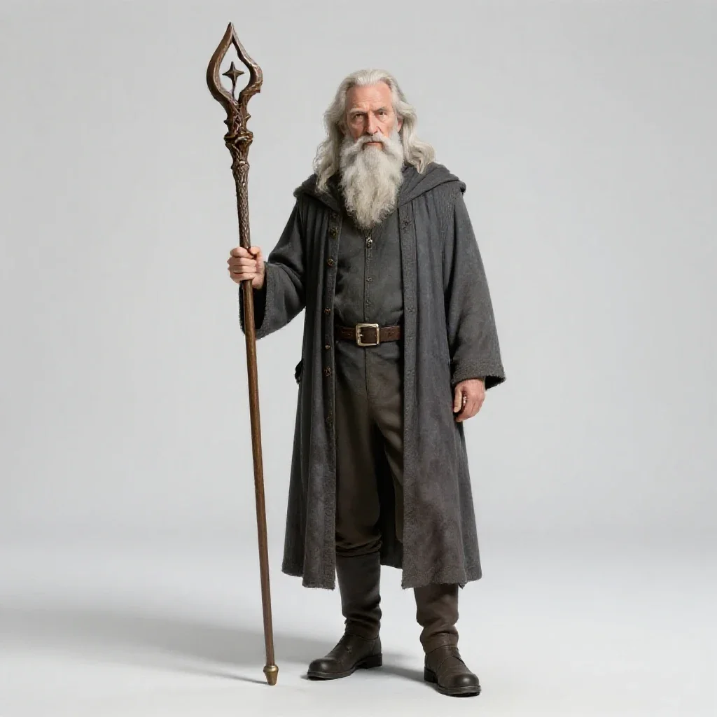 Elder wizard with a rune staff isolated on a white background