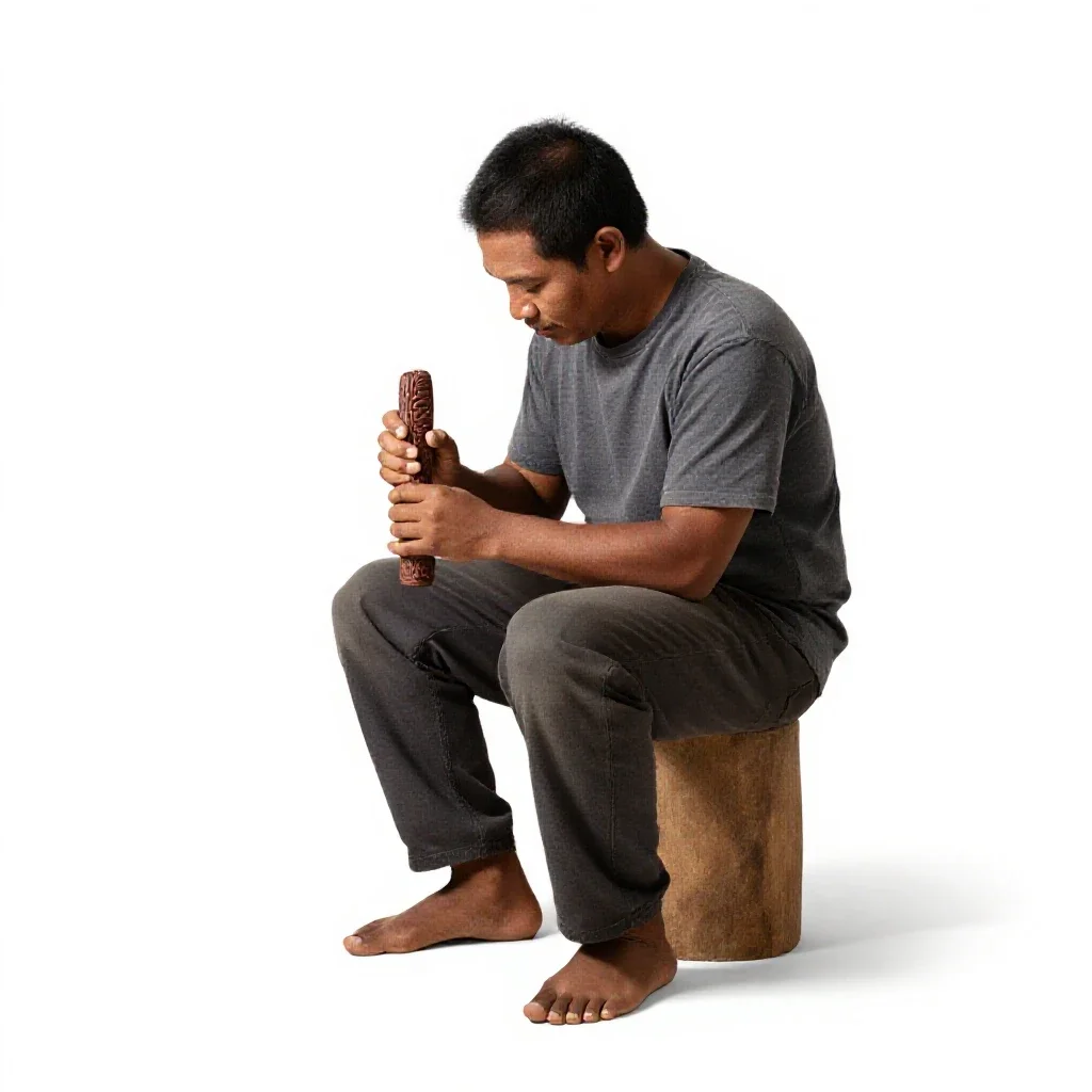 Maori carver at work isolated on a white background