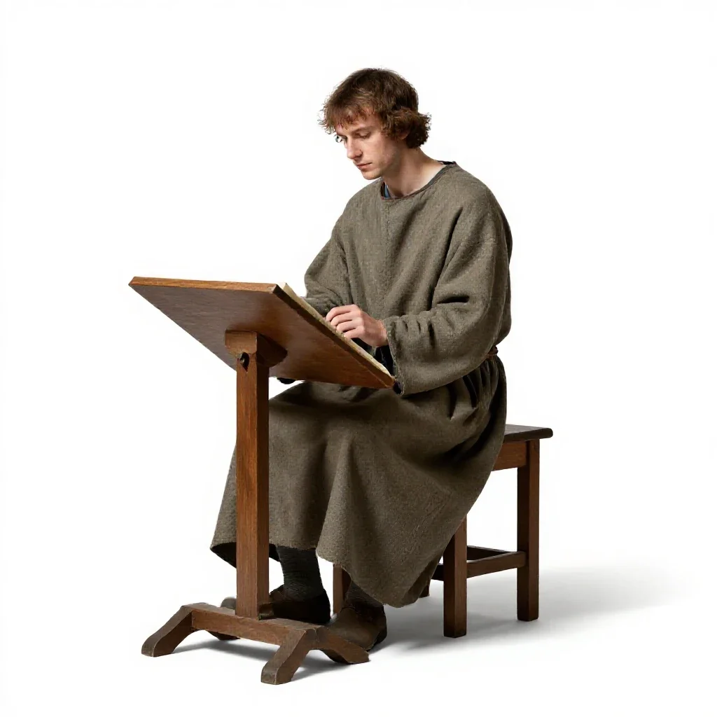 Mediaeval scribe at a lectern isolated on a white background