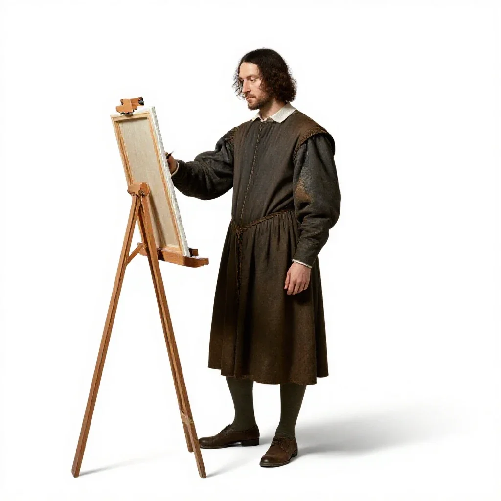 Renaissance painter at an easel isolated on a white background
