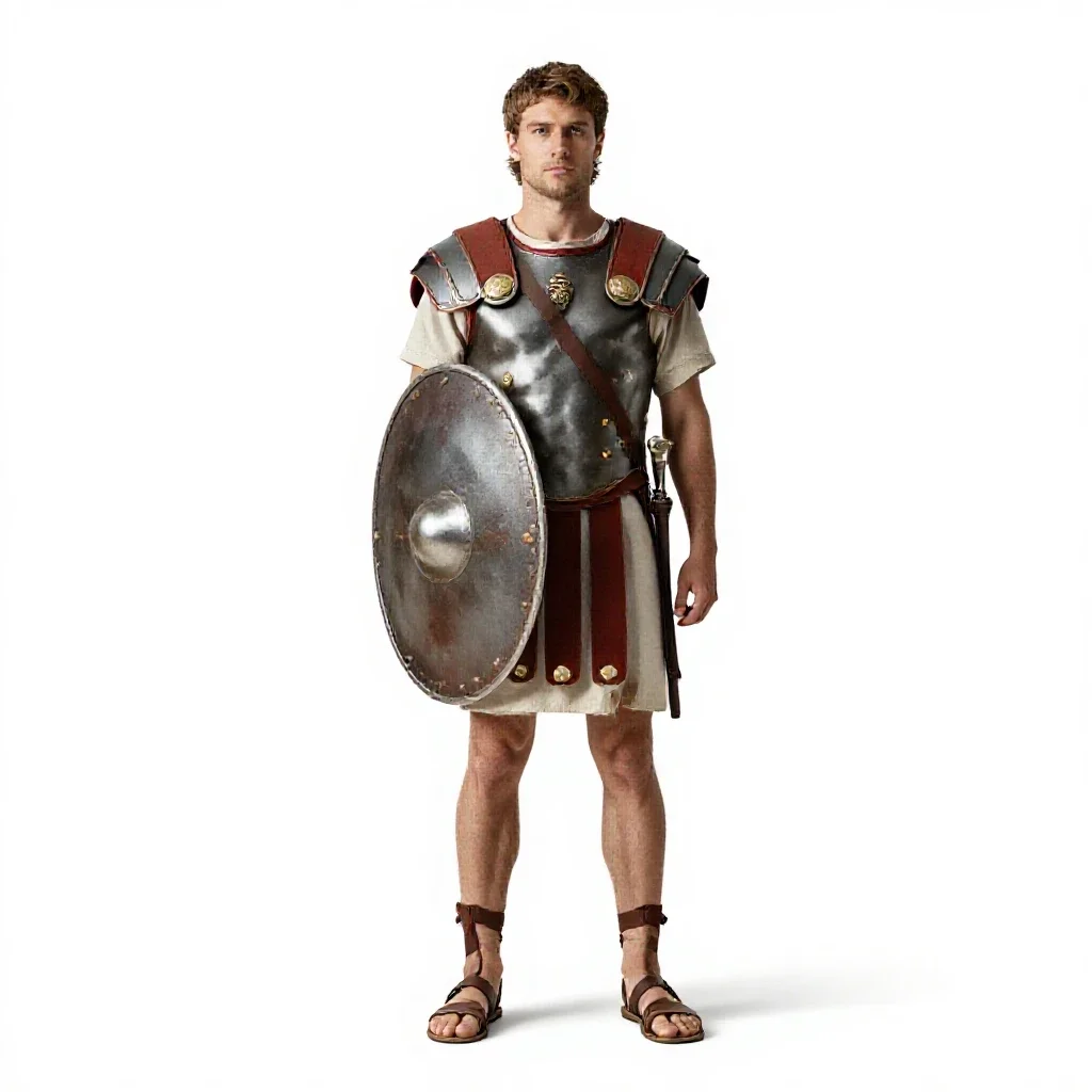 Roman legionary with a scutum isolated on a white background