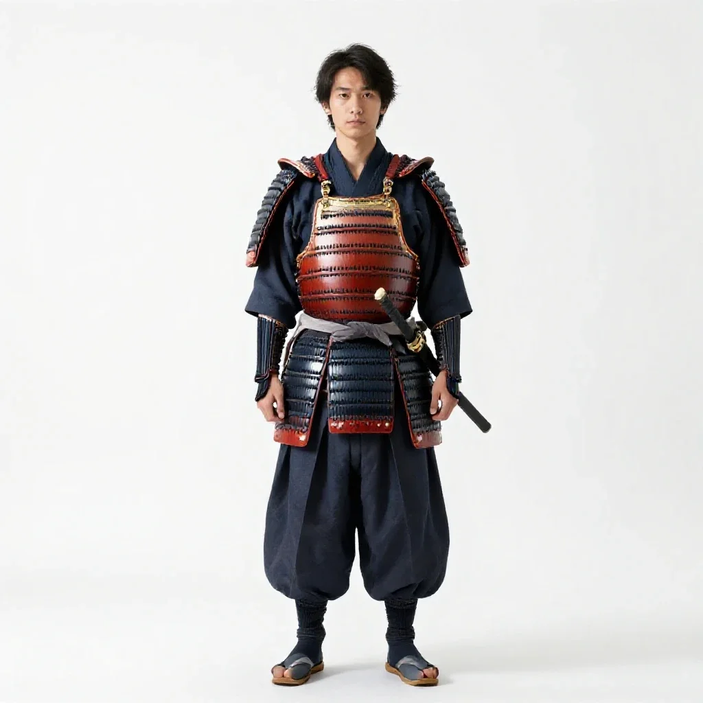Samurai in lacquered armour isolated on a white background