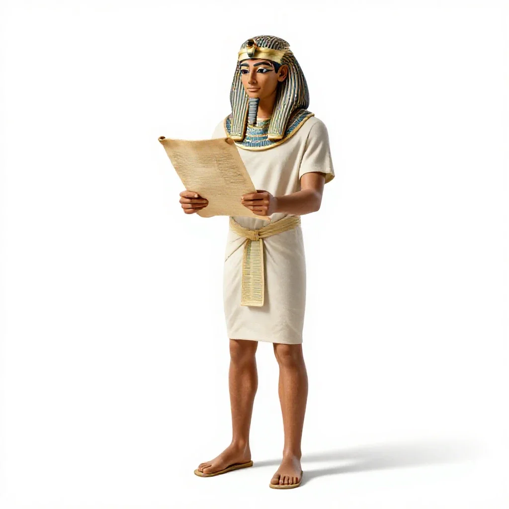 Egyptian scribe with a papyrus isolated on a white background