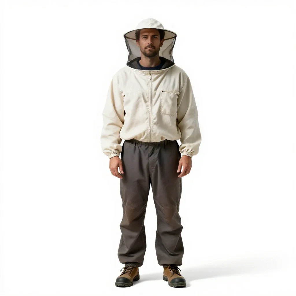 Beekeeper in a veiled suit isolated on a white background
