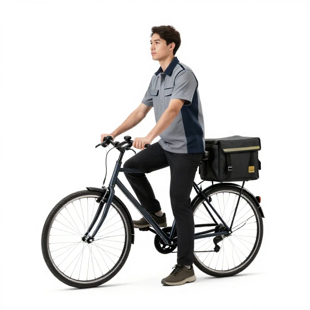 Bicycle courier with a messenger bag isolated on a white background