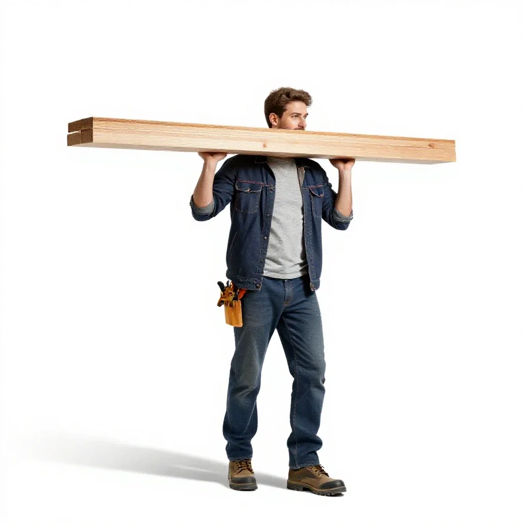 Carpenter shouldering timber isolated on a white background