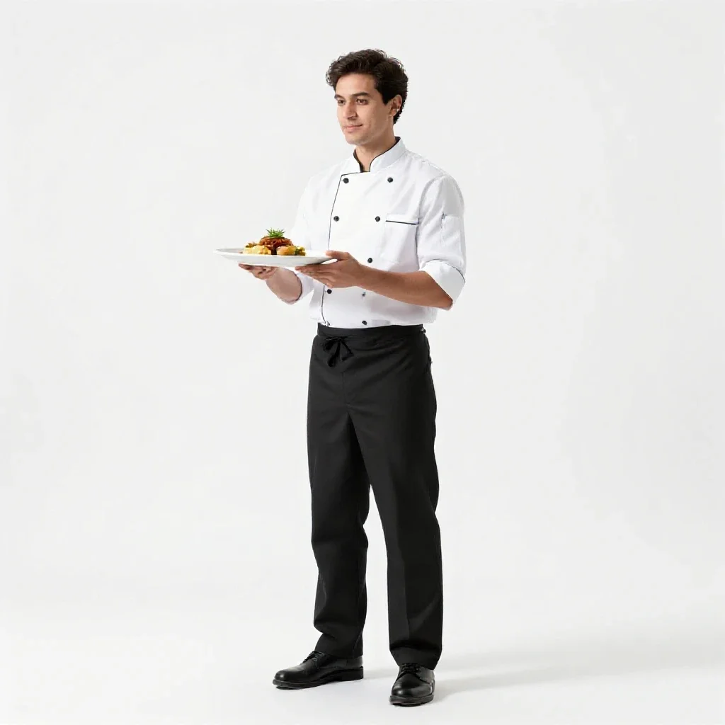 Chef plating a dish isolated on a white background