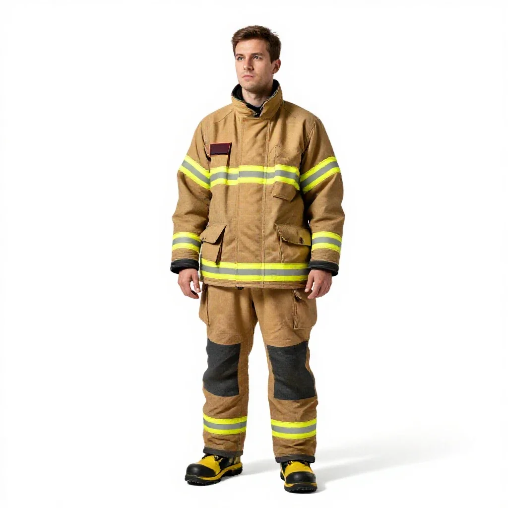 Firefighter in turnout gear isolated on a white background