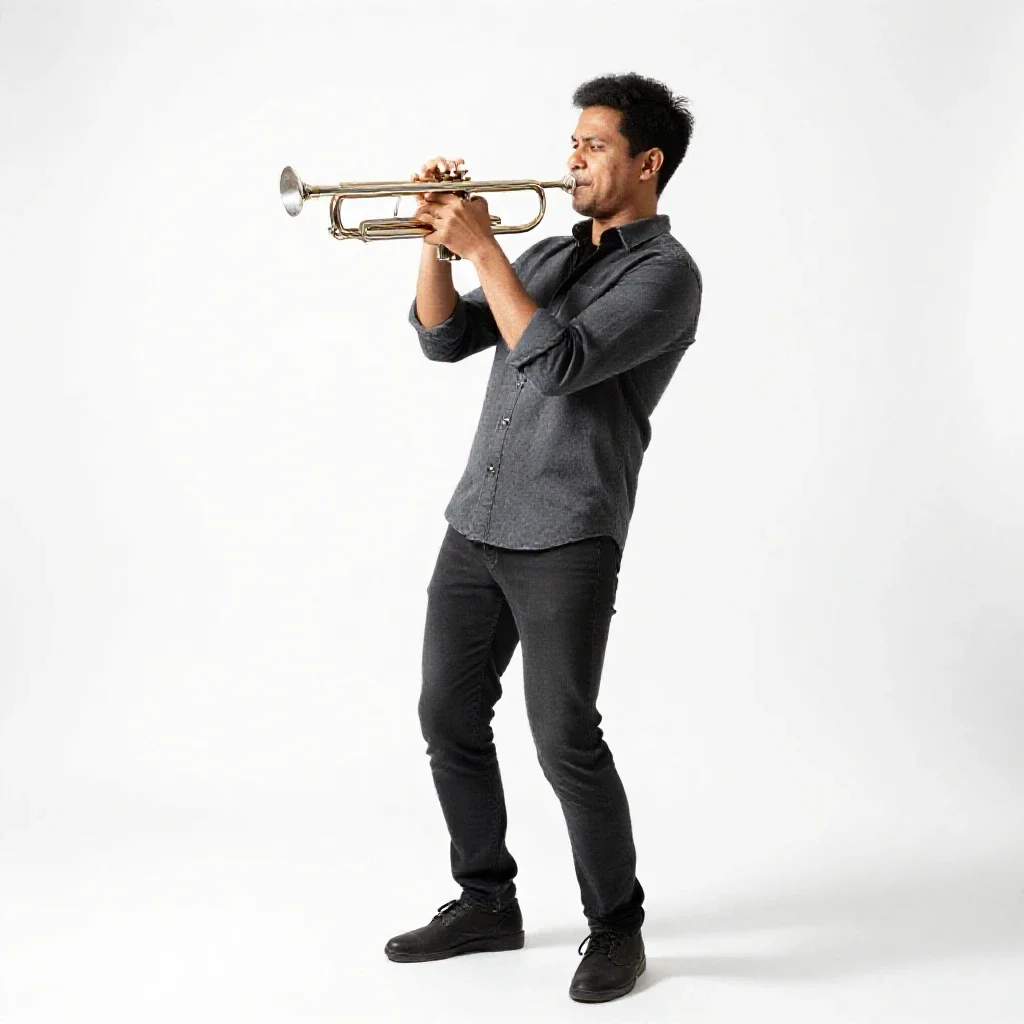 Jazz trumpeter mid-performance isolated on a white background