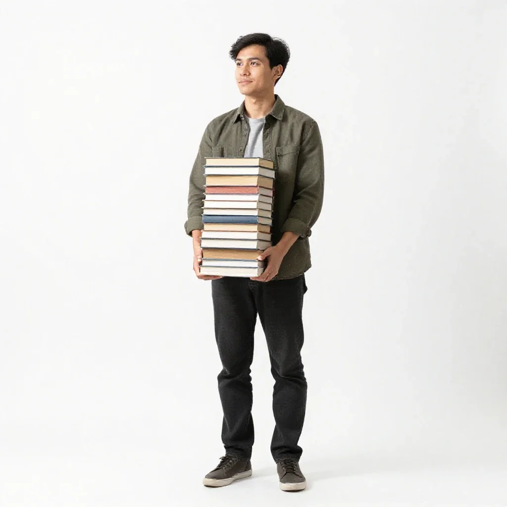 Librarian with a stack of books isolated on a white background