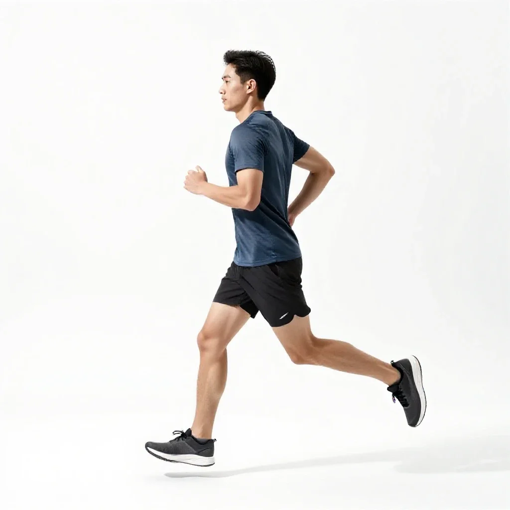 Long-distance runner mid-stride isolated on a white background