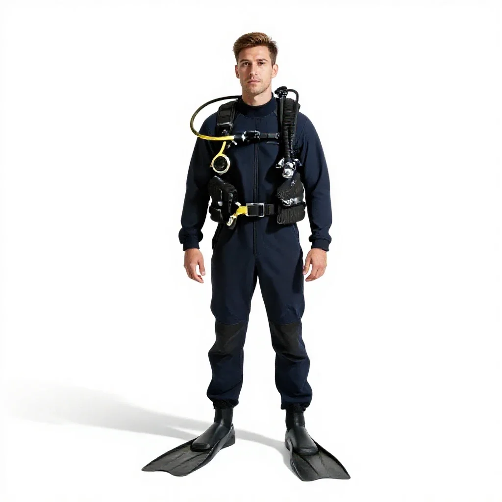 Rescue diver with fins isolated on a white background
