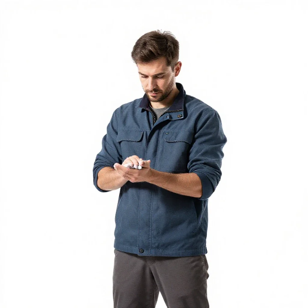 Rock climber chalking hands isolated on a white background