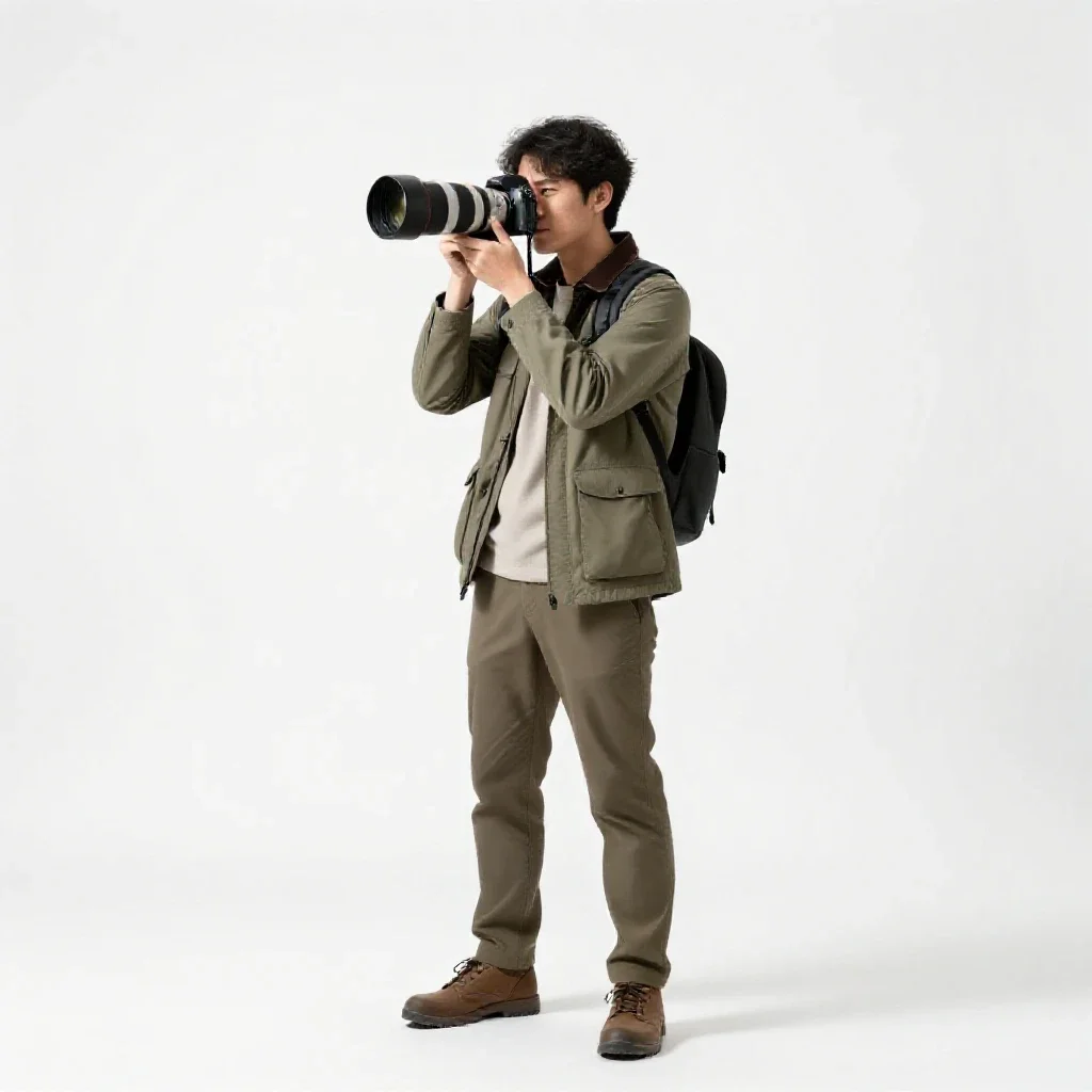 Wildlife photographer with a long lens isolated on a white background
